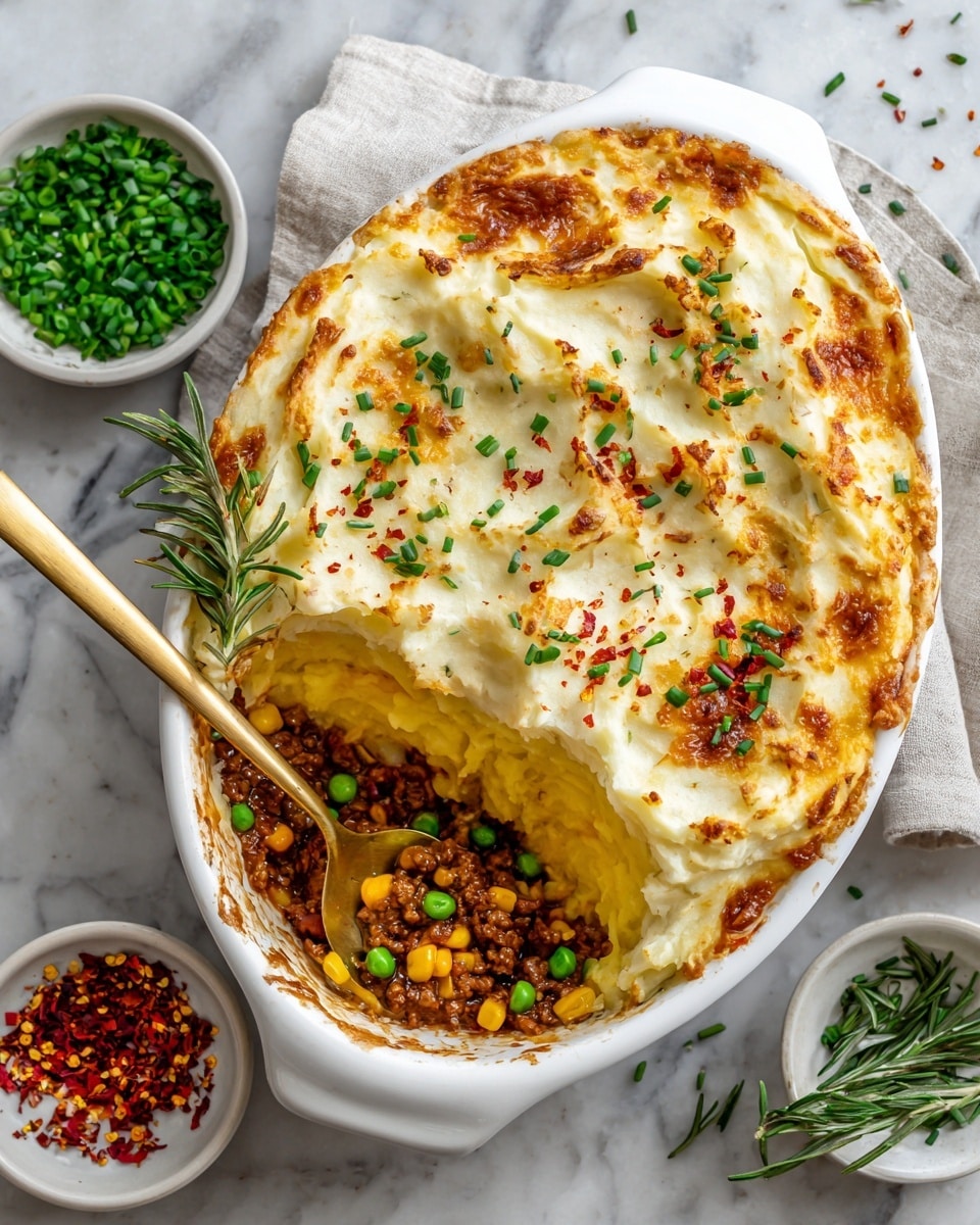 A white oval baking dish holds a layered shepherd's pie with a golden-brown crust on the top edge and a creamy smooth white mashed potato layer covering the surface. The mashed potato layer is sprinkled with chopped fresh green chives, small rosemary leaves, and red pepper flakes scattered unevenly. Inside the dish, beneath the mashed potato layer, there is a chunky layer of cooked ground meat mixed with bright yellow corn and green peas, showing through an open portion in the corner. Around the dish, there are two small white bowls, one containing more chopped green chives and the other filled with red pepper flakes, placed on a wooden board on a white marbled surface. A gold spoon partly scoops out the inside of the shepherd's pie. photo taken with an iphone --ar 4:5 --v 7