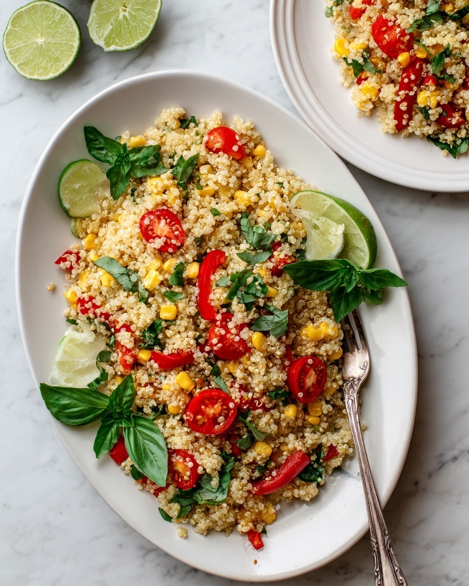 A large white oval plate with colorful floral patterns holds a quinoa salad mixed with bright yellow corn kernels, halved red cherry tomatoes, chopped green herbs, and small pieces of sliced red peppers, all layered evenly so the salad looks fresh and textured. Lime wedges are placed on the salad around the edges of the plate. A silver fork is sticking into the salad on the right side, with a small pile of salad stuck on the fork. Two lime halves rest on the dark wooden table next to the plate, and in the background, a smaller white plate with a similar salad is partially visible, with the whole scene set on a white marbled surface. photo taken with an iphone --ar 4:5 --v 7