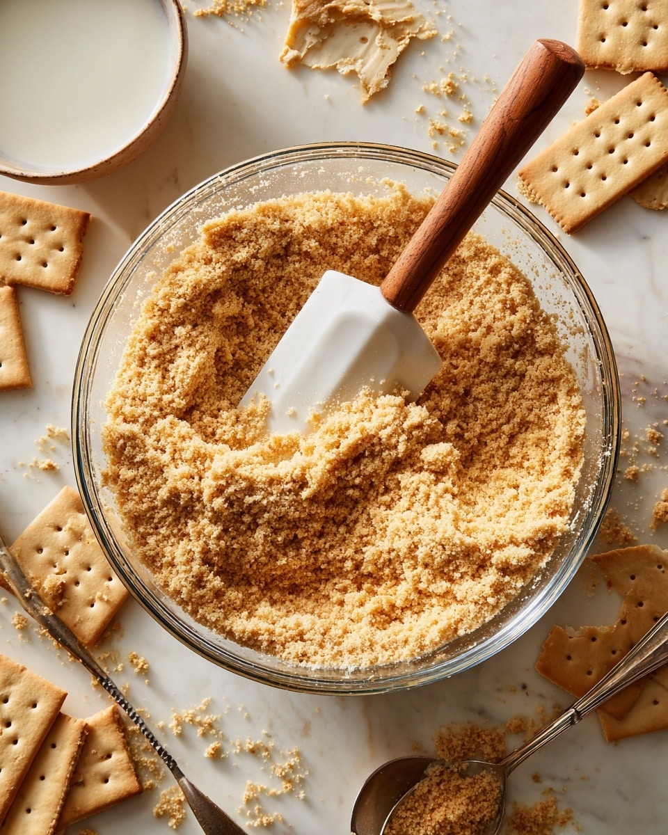 A clear glass bowl filled with a light golden brown crumbly mixture that looks soft and slightly textured. Inside the bowl is a spatula with a white silicone head and a wooden handle, resting on the crumb mixture with crumbs stuck to it. The bowl is placed on a white marbled surface scattered with whole and broken light tan rectangular crackers with small holes in them. Nearby are two measuring spoons, one large and one small, made of metal and partially visible. In the top left corner, there is a small white bowl with some white liquid inside. The lighting is warm, casting soft shadows that emphasize the texture of the crumbs and crackers photo taken with an iphone --ar 4:5 --v 7