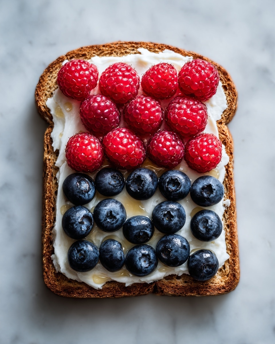 The image shows one slice of toasted multigrain bread on a white marbled surface. The toast is spread with a thick, creamy white layer of soft cheese. On the top half, bright red raspberries are arranged neatly in two rows, with four raspberries in each row. On the bottom half, there are two rows of round, plump blueberries, dark blue with a matte finish, placed closely together. A light drizzle of honey covers the cheese and berries, adding a shiny texture. The edges of the bread are visible, showing grains and seeds. photo taken with an iphone --ar 4:5 --v 7
