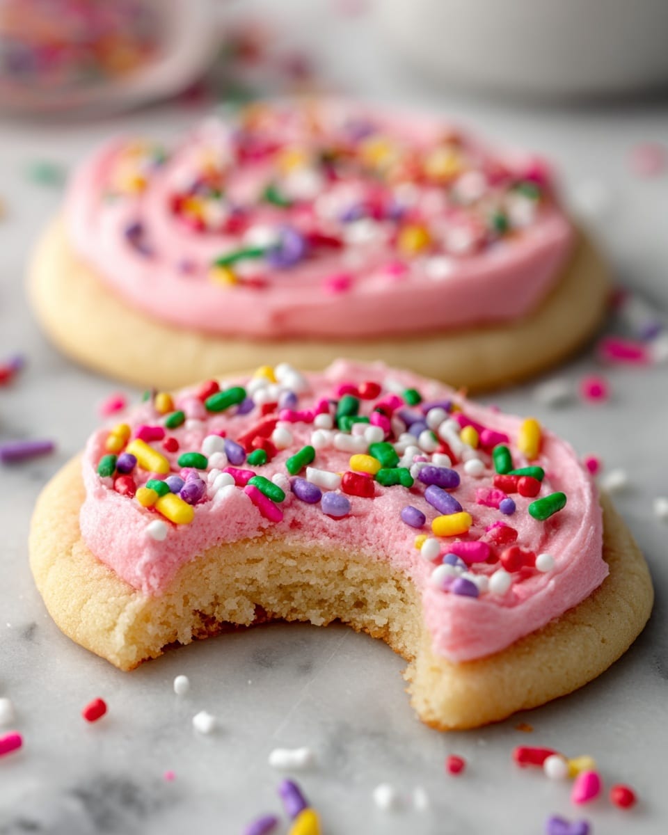 A close-up view of a round sugar cookie with a thick base layer that is golden beige and soft in texture. On top, there is one smooth layer of bright pink frosting evenly spread. Sprinkled over the frosting are colorful, elongated sprinkles in blue, purple, green, red, white, yellow, orange, and pink. One cookie in the foreground has a bite taken out from its side, showing the crumbly inside. The cookies lie on crinkled white parchment on a white marbled surface, with some sprinkles scattered around. Another cookie with the same look is out of focus in the background. Photo taken with an iphone --ar 4:5 --v 7