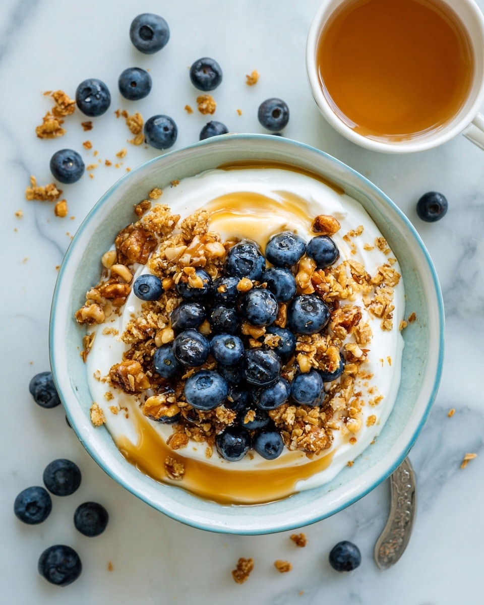 A light blue bowl holds a creamy white base of cottage cheese with a soft, fluffy texture, topped with two main visible layers: golden brown granola with seeds and nuts, and fresh, plump blueberries scattered on top, adding dark blue pops of color. Around the bowl, there are scattered blueberries on a white marbled surface. To the right of the bowl, a white cup filled with amber-colored tea sits on the same white marbled surface, while a gold spoon lies next to the bowl near a small pile of granola. photo taken with an iphone --ar 4:5 --v 7