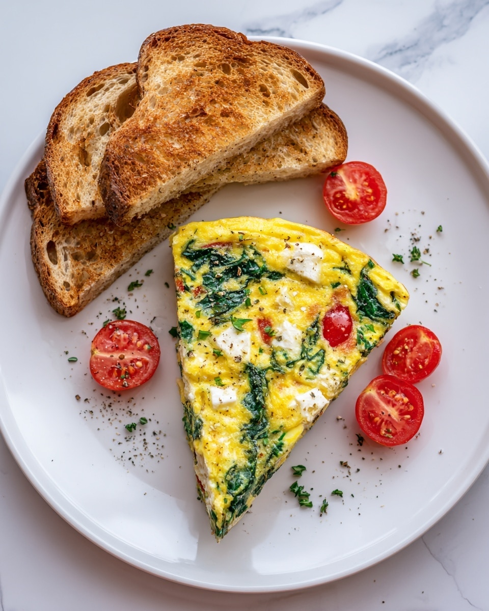 A white plate on a white marbled surface holds a colorful breakfast. On the right side, there is one slice of a frittata with a soft yellow egg base. On the top layer, bright red tomato slices and fresh green spinach leaves are visible, scattered with white crumbled cheese. Small bits of chopped green herbs and black pepper are sprinkled around the frittata. On the left side of the plate, there are two triangular pieces of toasted bread with a golden-brown, slightly crunchy texture. photo taken with an iphone --ar 4:5 --v 7