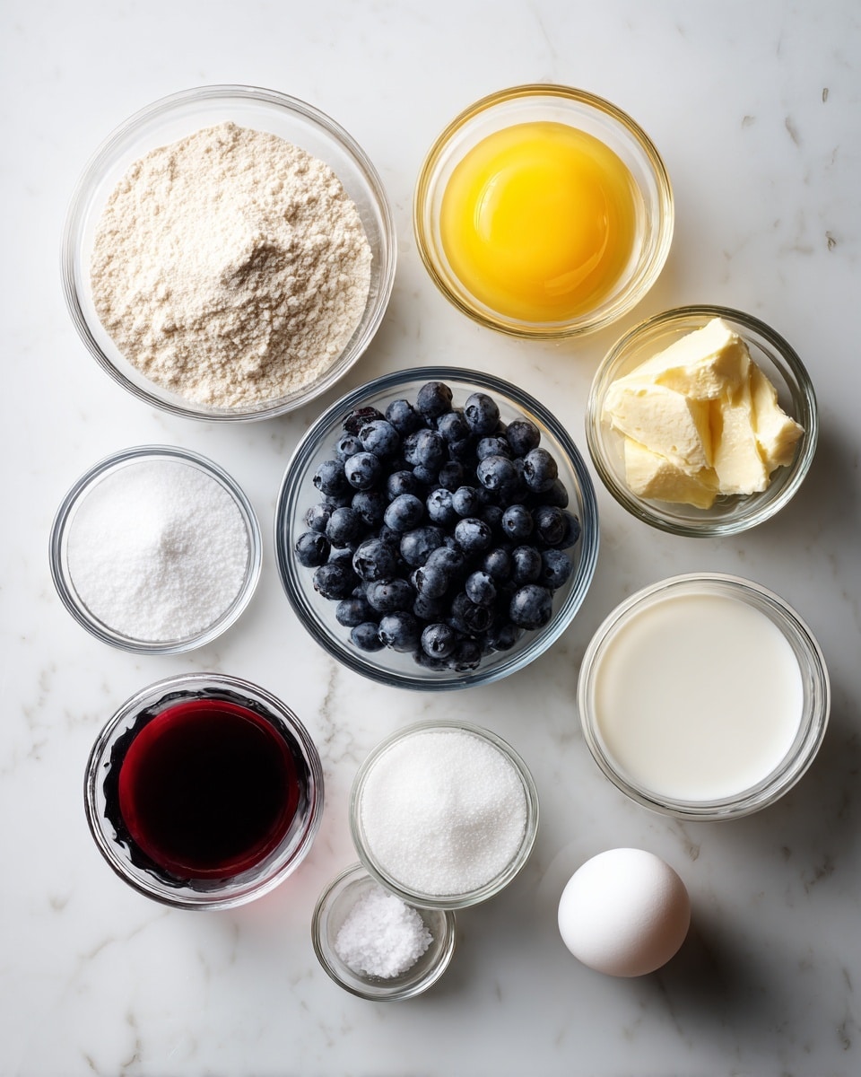 The image shows eight small clear glass bowls and one small glass jar arranged neatly on a white marbled surface. From top left, there's a bowl filled with light brown flour, next to it a bowl with yellow melted butter. Below the flour, a bowl holds fresh dark blue blueberries. Next to the blueberries is a tiny bowl with white salt, and beside it a small empty white bowl. On the bottom row, from left, there's a small bowl with white sugar, a small glass jar with dark red vanilla extract, a bowl with white milk, and finally a clear glass bowl containing a raw egg. The overall scene is bright, clean, and orderly, showing ingredients ready for baking. photo taken with an iphone --ar 4:5 --v 7