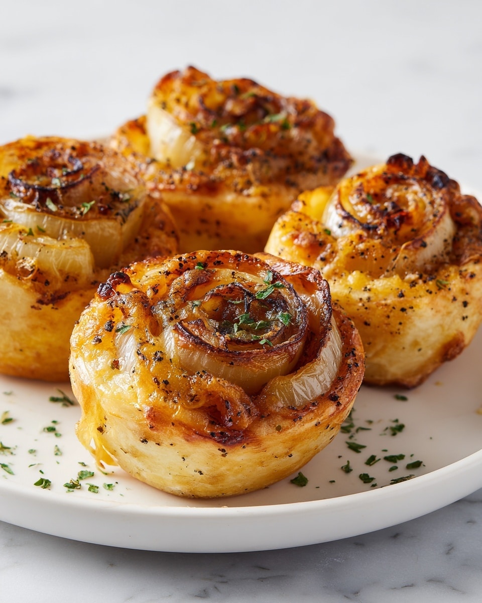 Four golden brown, grilled rolls sit on a white plate with a white marbled texture surface below. Each roll is stuffed with caramelized, light brown onions that peek out slightly from the ends. The outside layer of the rolls is crispy and speckled with black pepper, sprinkled with finely chopped green herbs on top. The rolls have a slightly shiny texture from the cooking, showing a mix of darker toast marks and lighter grilled areas, all arranged close together on the plate. Photo taken with an iphone --ar 4:5 --v 7