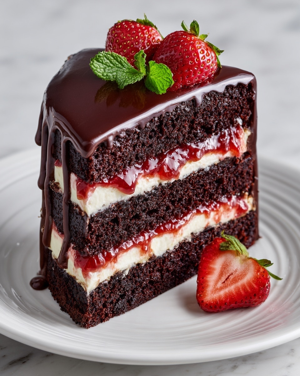 A three-layer dark chocolate cake sits on a white plate, each layer separated by a thick layer of red strawberry jam and white cream. The top of the cake is covered with smooth, shiny dark chocolate glaze that drips slightly down the sides. Two fresh strawberries, one whole and one sliced in half, along with green mint leaves, are placed on top for decoration, while another half strawberry rests beside the cake on the plate. The scene is set on a white marbled surface. photo taken with an iphone --ar 4:5 --v 7