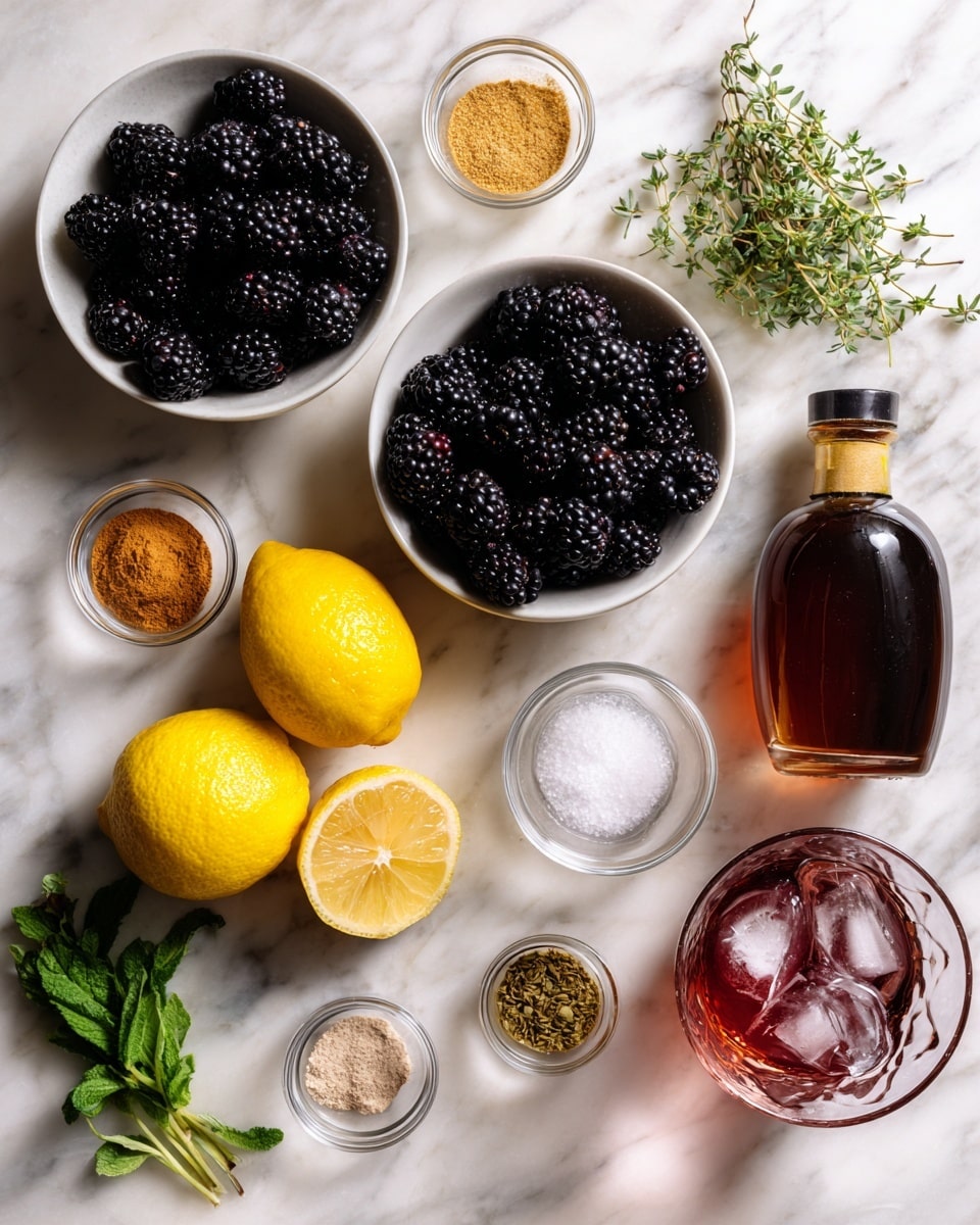 The image shows various ingredients arranged neatly on a white marbled surface. At the top center, there is a white bowl filled with blackberries, and below it to the left, another white bowl with more blackberries. To the left of the bowls is a bottle of dark amber liquid. At the bottom center are two lemons, one whole and one cut in half, displaying the pale yellow interior. To the left of the lemons are fresh green herbs. Around the bowls and lemons are small clear glass containers with different powders and liquids, including a cinnamon-colored powder, white salt, and a translucent liquid. There is also a clear glass with ice cubes and amber-colored liquid, and another glass with a red liquid next to it. A small bunch of green herb sprigs rests near the top right. The overall color palette mixes deep purples, bright yellows, rich browns, and fresh greens. The photo taken with an iphone --ar 4:5 --v 7