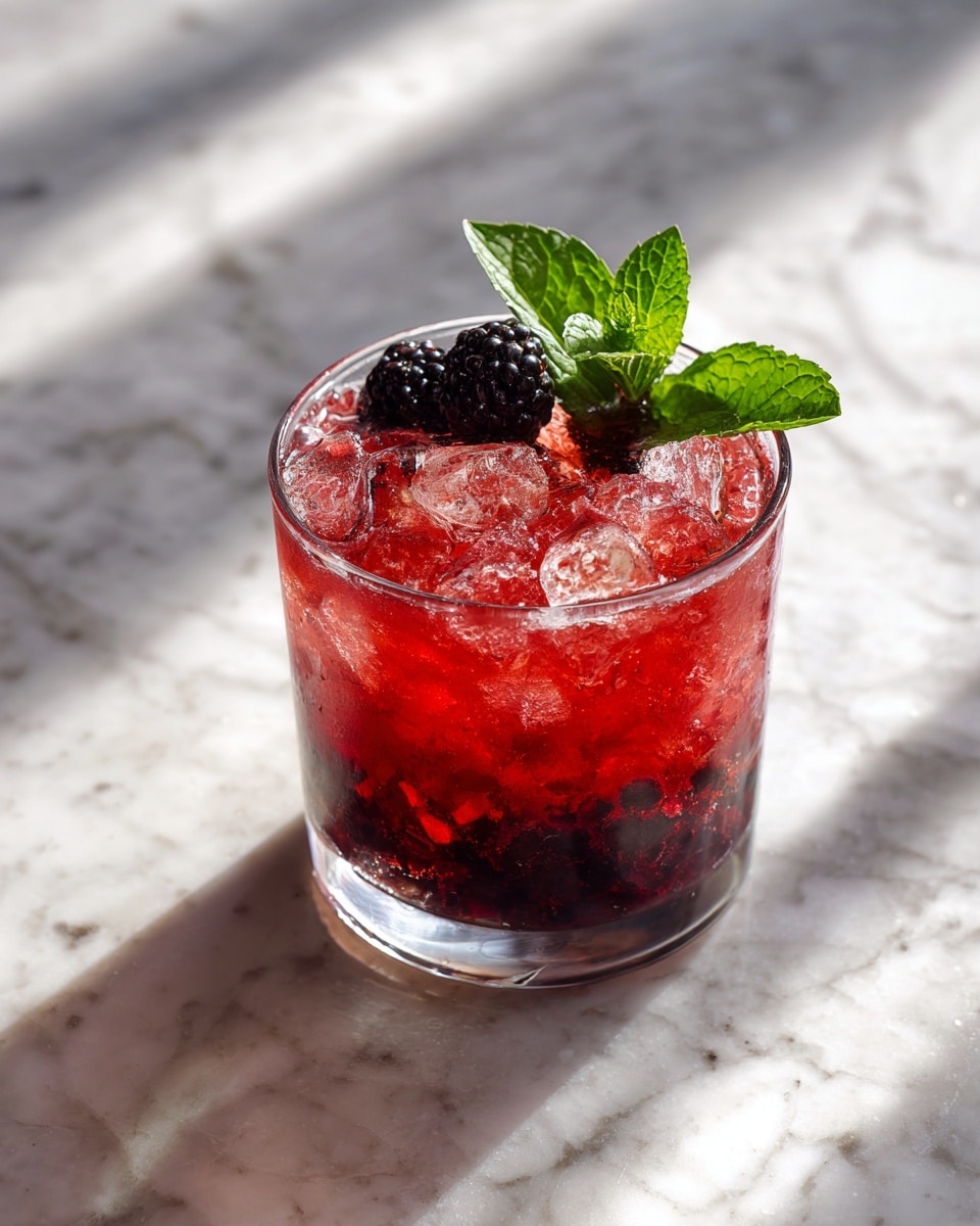 A clear glass filled with crushed ice tinted deep red from the juice mixed inside. At the bottom layer, there are dark red crushed berries, giving a textured base. Above that, the crushed ice blends with the red liquid, showing a gradient of translucent reds and sparkling frost. On top, two whole blackberries rest next to a small bright green mint sprig, adding fresh color contrast. The glass sits on a white marbled surface with soft shadows around it. photo taken with an iphone --ar 4:5 --v 7