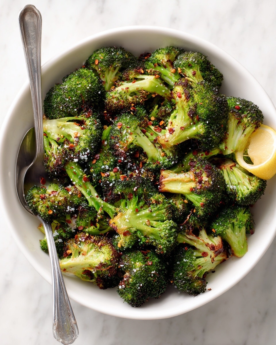 The image shows a white bowl filled with roasted broccoli pieces. The broccoli is bright green with some dark brown edges from roasting, giving it a slightly crispy texture. Small red flakes of seasoning and bits of salt are sprinkled evenly over the broccoli. A silver spoon is partially visible inside the bowl on the left side. The bowl sits on a white marbled surface. photo taken with an iphone --ar 4:5 --v 7