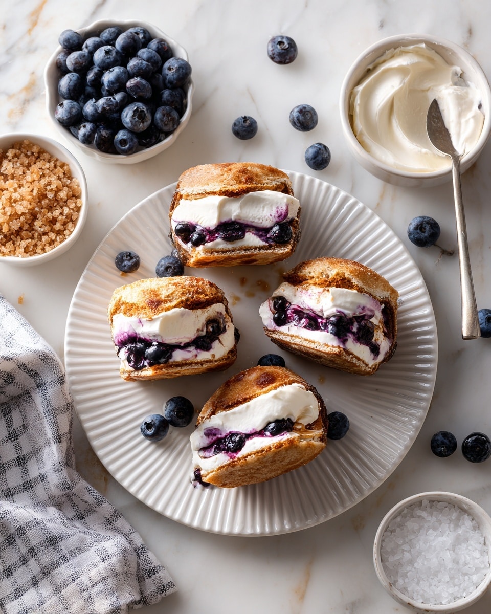 The image shows six sliced blueberry scones arranged on a white fluted plate, each scone layer revealing a golden-brown crust with a soft, light beige inside speckled with whole blueberries. Between the two halves of each scone is a thick, creamy white layer of spread. Scattered around the plate are a few whole blueberries. The plate sits on a white marbled surface, with a white bowl of cream and a small white bowl of light brown sugar nearby. A blue and white striped cloth is partially visible at the bottom left corner. photo taken with an iphone --ar 4:5 --v 7