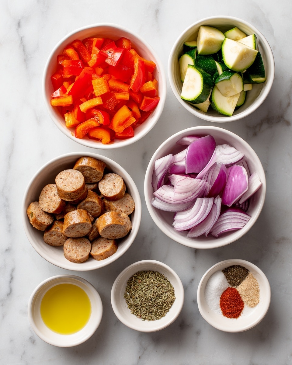 The image shows six small white bowls placed on a white marbled surface, each containing different ingredients. The top left bowl is filled with bright red and orange chopped bell peppers with a smooth, shiny texture. To the top right of it, there is a white bowl with light green zucchini pieces cut into small wedges, their skin a darker green. Below the bell peppers bowl, there is a white bowl with brown sliced chicken sausage rounds, showing a slightly glossy surface and a textured interior with herbs. To the right, a smaller white bowl holds pieces of red onion with deep purple outer layers and white inner layers, cut into wedges. Near the bottom left corner, a tiny white bowl contains clear yellow avocado oil. Finally, at the bottom right, there is a white bowl with several dry spices arranged in small piles: white salt, black pepper, beige onion powder, orange garlic powder, and green Italian seasoning. All bowls are neatly arranged on the smooth white marble surface. Photo taken with an iphone --ar 4:5 --v 7