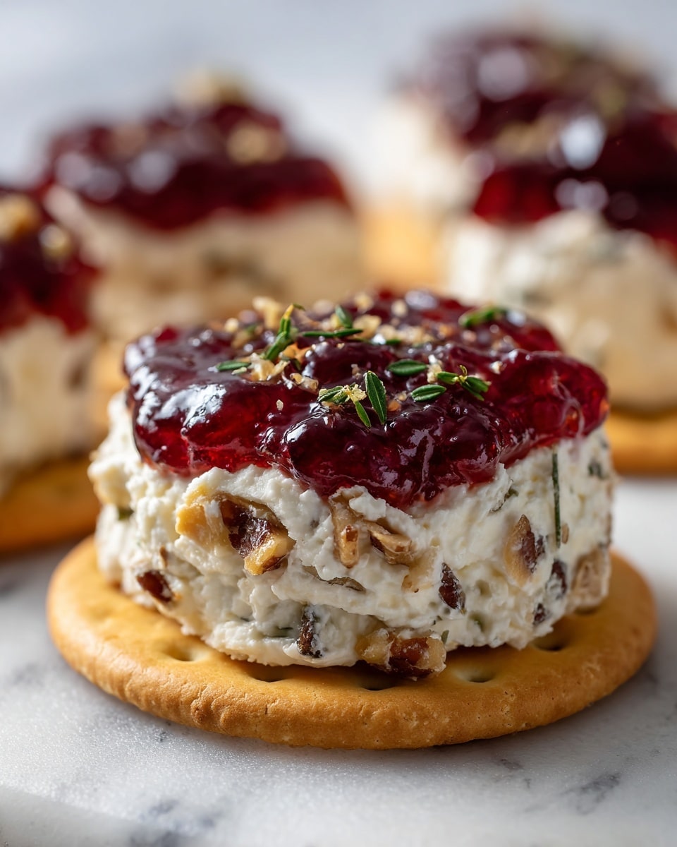 The image shows a round, light golden cracker as the base layer with a smooth, slightly chunky cream cheese mixture spread thickly on top, featuring bits of green herbs and small brown pieces throughout. On top of the cream cheese is a layer of shiny, deep red cranberry sauce with visible whole cranberries and a glossy texture. The cracker is surrounded by other identical crackers, all set against a white marbled surface. photo taken with an iphone --ar 4:5 --v 7