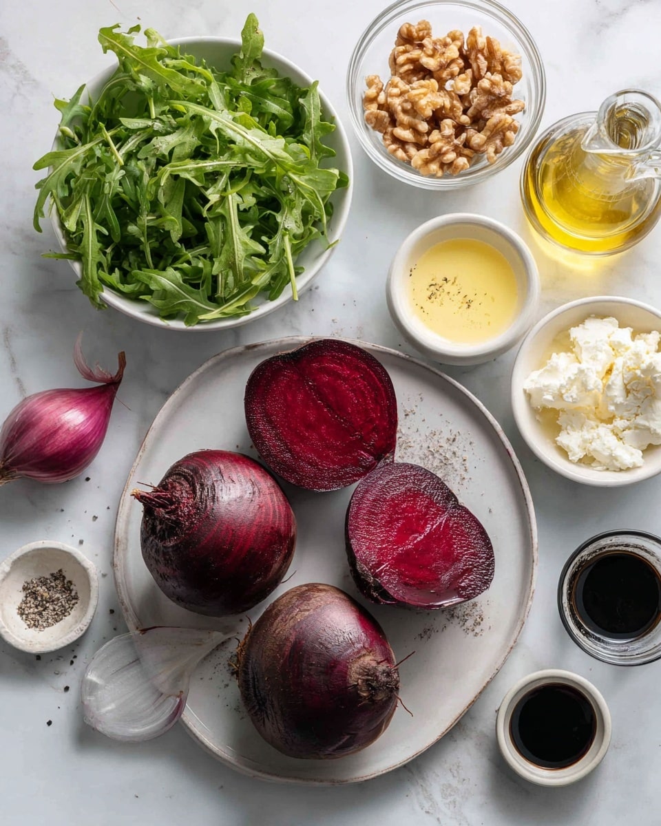 The image shows a white plate with four whole beets, two of them cut in half revealing a deep red inside, placed on a white marbled surface. To the left, there is a white bowl filled with green leafy arugula, next to a small glass bowl of walnut pieces. Below those, small glass bowls contain light yellow honey, creamy mustard, and white crumbled cheese. On the upper right, a small white bowl holds salt and black pepper, and beside it is a small glass bowl with dark balsamic vinegar. A bottle of olive oil with some poured out is on the upper left corner, and a small purple shallot piece is placed near the honey bowl. The whole arrangement is neat and spread out. photo taken with an iphone --ar 4:5 --v 7