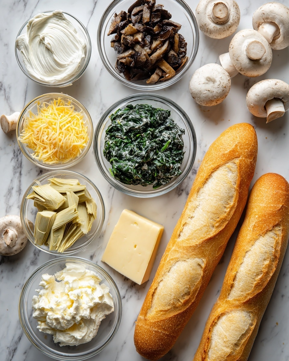The image shows a white marbled surface with various food ingredients neatly arranged. There are two long golden-brown baguettes on the right side. Around them, clear small glass bowls hold different items: white creamy spread, a mix of green spinach and white cream, dark brown cooked mushrooms, dark green cooked spinach, small yellow shredded cheese, a solid block of white butter, white shredded cheese, artichoke hearts, and several whole white mushrooms. The arrangement is clean and organized, showing each ingredient clearly. Photo taken with an iphone --ar 4:5 --v 7
