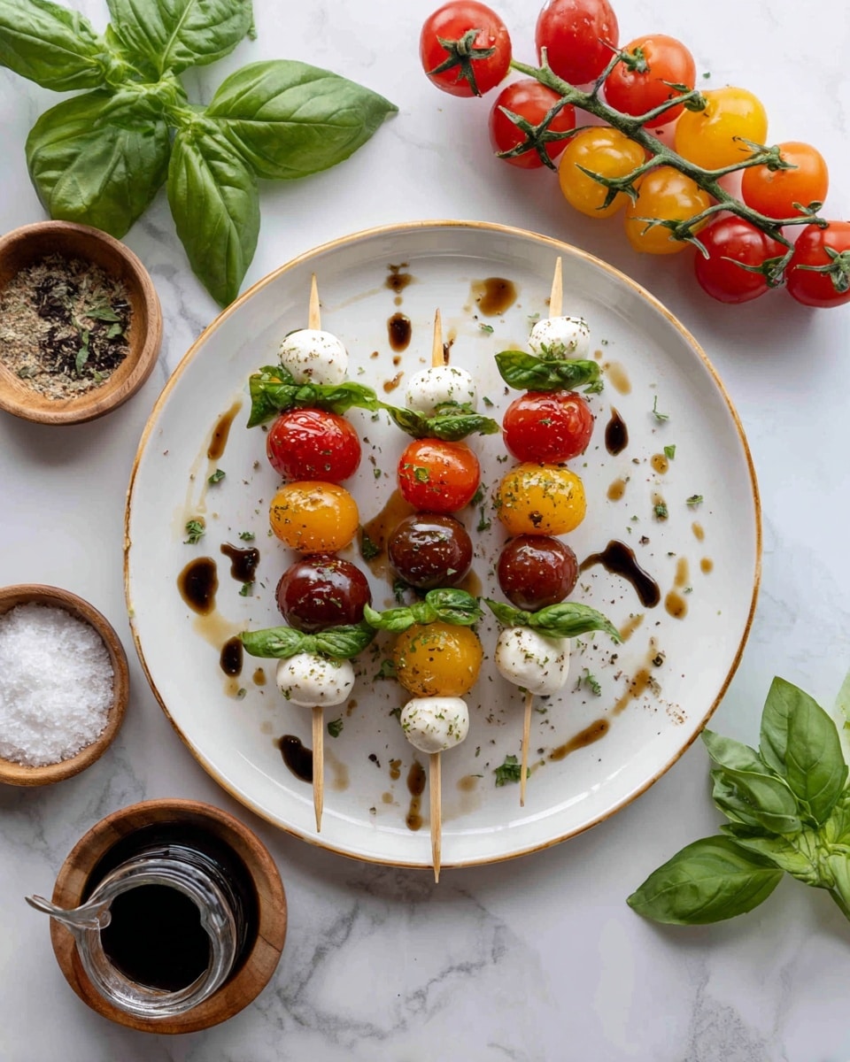 The image shows six skewers on a white plate with a gold rim, each with four layers: a cherry tomato on top in red, yellow, or dark purple, fresh green basil leaves, small white mozzarella balls, and another cherry tomato at the bottom. The skewers are drizzled with olive oil and black balsamic vinegar drops. Around the plate, there are fresh basil leaves scattered and a bunch of red and yellow cherry tomatoes still on the vine. Nearby, a small wooden bowl contains coarse salt, and a clear glass bowl holds balsamic vinegar with a spoon inside. The background is a white marbled texture. Photo taken with an iphone --ar 4:5 --v 7
