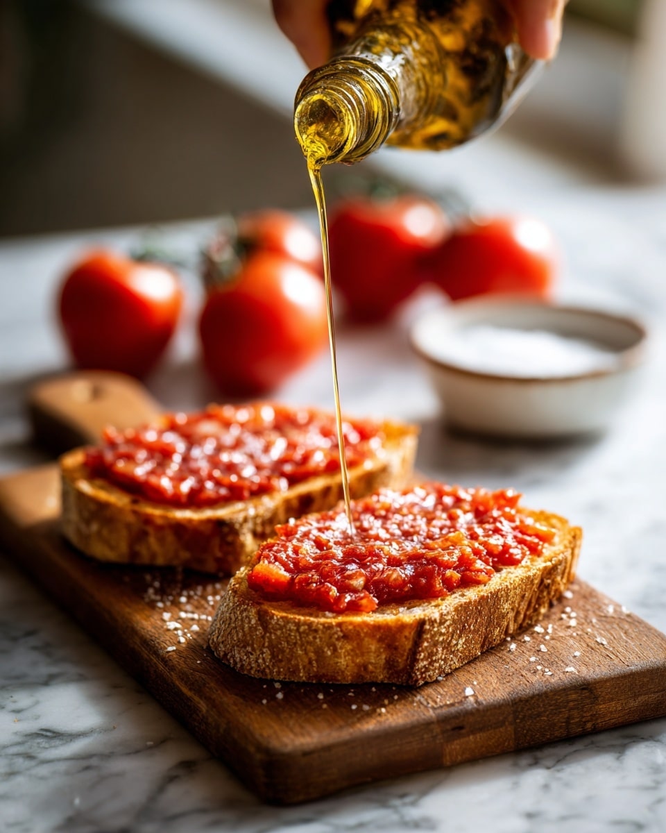 Two slices of toasted bread with a rough, crunchy crust sit on a wooden board. Each slice is spread with a thick layer of crushed, bright red tomatoes that have a slightly chunky texture. Above the toast, a stream of golden olive oil is being poured from a bottle, catching the light and glistening as it falls. In the background, there are a few ripe red tomatoes and a small white bowl with coarse salt on a white marbled surface. A woman’s hand is holding the bottle from above, carefully pouring the oil. The scene looks fresh and inviting, with warm natural light. photo taken with an iphone --ar 4:5 --v 7