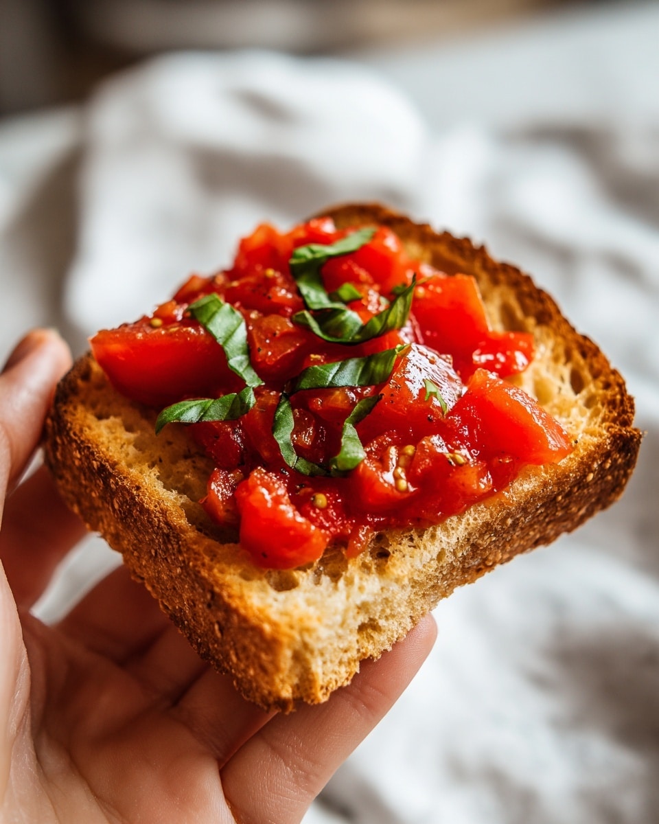 A close-up shows a woman's hand holding a small, square piece of toasted bread with a golden-brown, crispy texture. On top of the toast is a thick layer of fresh, bright red tomato puree with visible small seeds and a slightly chunky texture. Thin strips of fresh green basil lie across the tomato layer, adding a touch of color contrast. The background is a white marbled texture, with a blurred white bowl filled with more tomato mixture visible. Photo taken with an iphone --ar 4:5 --v 7
