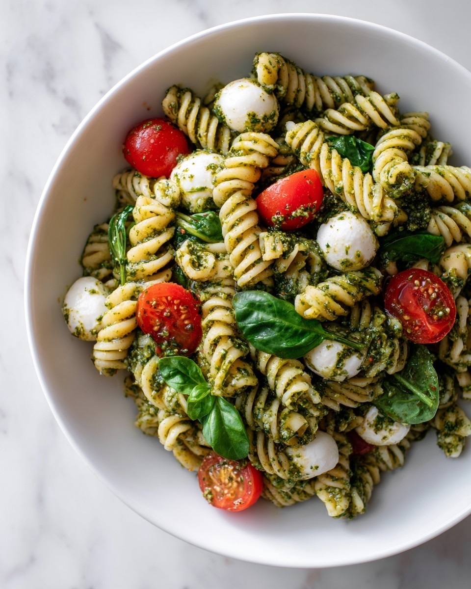 A close-up of a bowl filled with three layers: the first layer is white rotini pasta twisted in shape, covered in a green pesto sauce giving it a thick, slightly chunky texture; the second layer consists of bright red cherry tomato halves scattered evenly, some showing smooth shiny skin; the third layer includes white mozzarella balls and fresh dark green spinach leaves mixed throughout, adding softness and leafy texture to the dish; all is inside a white bowl against a white marbled surface. photo taken with an iphone --ar 4:5 --v 7
