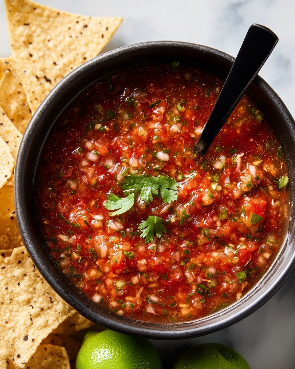 A black bowl filled with red salsa that has a chunky texture made of small pieces of tomatoes, onions, and herbs. In the center of the salsa, there is a small bunch of green cilantro leaves. A black spoon stands upright inside the salsa. Around the bowl, there are many pale yellow tortilla chips with a rough texture. Near the bottom right, there is a whole, bright green lime. The bowl and chips sit on a white marbled surface. photo taken with an iphone --ar 4:5 --v 7