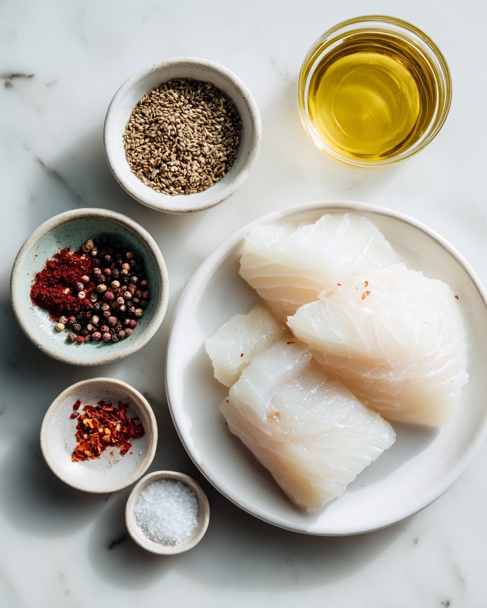 A white plate holds two pieces of pale, raw fish fillets that have a smooth, moist texture. Surrounding the plate on a white marbled surface are small white bowls containing different spices and ingredients: one bowl with light brown fennel seeds and dark peppercorns, another with a mix of brown nutmeg, red paprika, red chili flakes, and white salt; a small white bowl with white salt is nearby, as well as a clear glass container filled with golden olive oil. The arrangement is simple and clean with soft natural light. photo taken with an iphone --ar 4:5 --v 7
