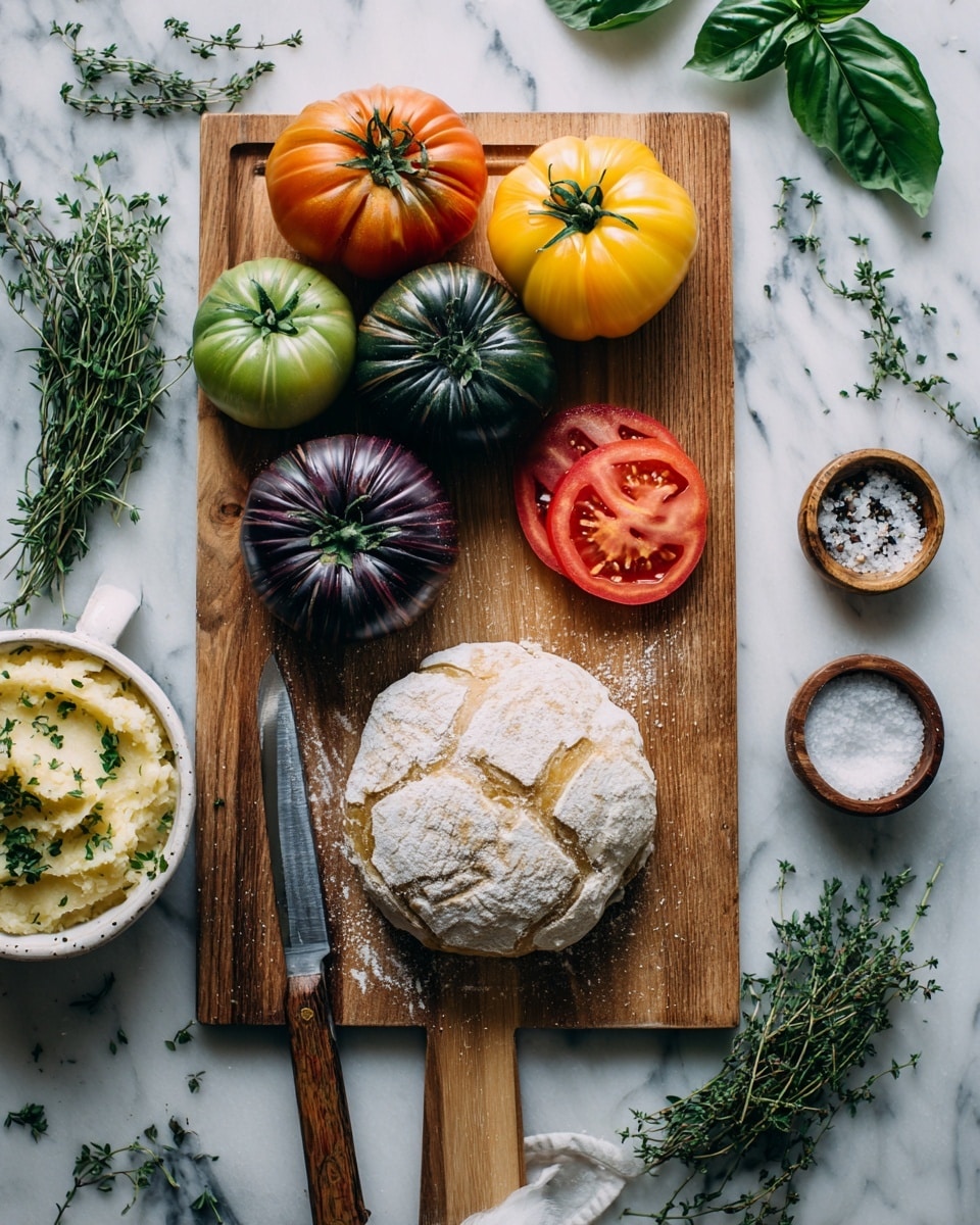 The image shows a wooden cutting board placed on a white marbled surface, with six whole tomatoes in different colors—yellow, red, dark purple, green, and orange—arranged on and around it. On the board, there are also two tomato slices, one red and one dark purple. A knife with a wooden handle rests diagonally on the board near the tomato slices. To the right of the board, there is a round piece of dough dusted with flour, a small white bowl filled with coarse salt, and a larger white bowl with creamy mashed potatoes mixed with green herbs. Fresh green herbs, including chives and thyme, lie beneath the board and around the dough. Two basil leaves are visible near the top right corner of the image. The overall composition is bright and fresh. Photo taken with an iphone --ar 4:5 --v 7
