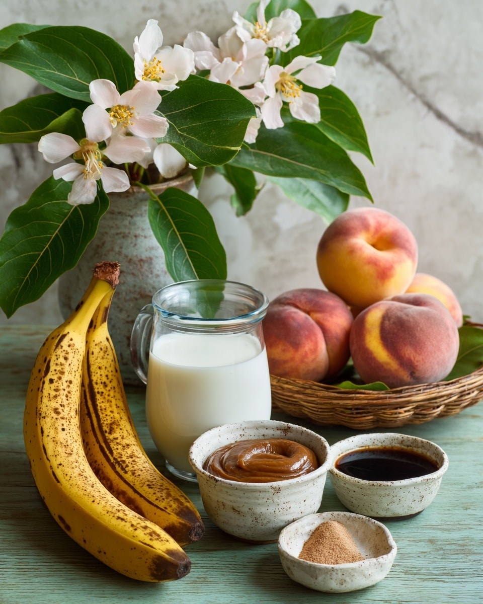 A spotted ripe banana lies on a green wooden surface next to a clear glass pitcher filled with white milk. Below the pitcher, there are three small white bowls with speckled designs; one bowl holds a thick brown almond butter, another has a small amount of dark liquid vanilla extract, and the third contains a mix of white salt and brown cinnamon powder. To the right, a round woven basket holds several peaches with green leaves and white flowers around them. In the top left corner, one large peach with green leaves and small white flowers frames the scene. The background is a white marbled texture photo taken with an iphone --ar 4:5 --v 7