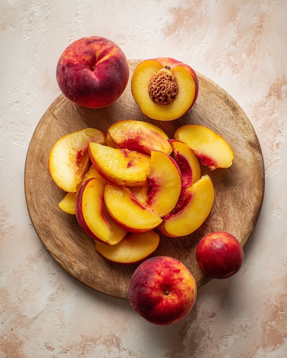 A round wooden cutting board sits on a white marbled texture surface. On the board are multiple slices of yellow and red peaches with a soft, smooth texture arranged loosely in the center. There is one peach cut in half with a visible rough-textured pit still inside, placed near the top edge of the board. Two whole peaches with fuzzy reddish skin rest on the left side of the board, and one peach pit without fruit remains on the right side next to the slices. The colors are warm with reds, yellows, and light browns. Photo taken with an iphone --ar 4:5 --v 7