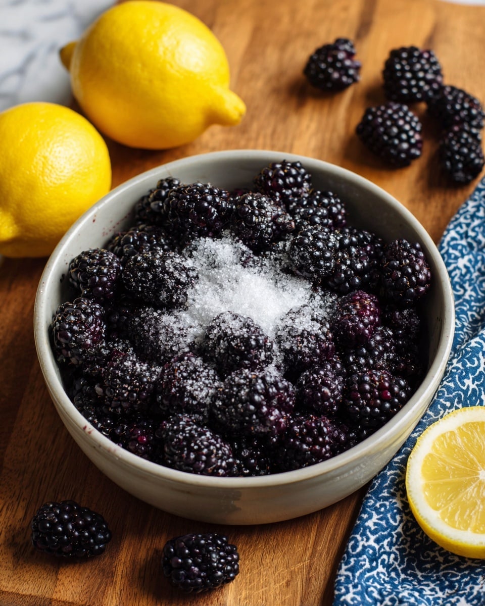A light grey pot filled with a large layer of fresh blackberries that are dark purple and shiny, covered partially with small piles of white granulated sugar spread unevenly on top, placed on a warm wooden surface. To the left, there are two whole bright yellow lemons, one whole and one half, along with a few more blackberries scattered around. To the right under the pot, a blue and white patterned cloth lies on the wooden surface. The background is a white marbled texture photo taken with an iphone --ar 4:5 --v 7