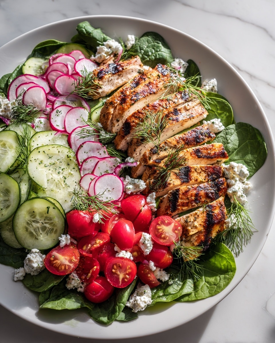 The image shows a fresh salad on a wooden board with a layer of green lettuce at the bottom, topped with slices of grilled chicken with a golden brown outside, cucumber slices, and white crumbled cheese scattered over the top right side. Around the board, there are small white bowls filled with different salad ingredients including whole red cherry tomatoes, sliced green cucumbers, dark red dried cranberries, white cottage cheese, soft white cheese with green herbs, walnut pieces, and a mixed bowl of small cubes of white cheese, cucumber, tomato, and walnuts. In the center, there is a clear glass bowl with light yellow dressing, and a small jar with light golden honey and a wooden dipper on a white marbled surface. photo taken with an iphone --ar 4:5 --v 7