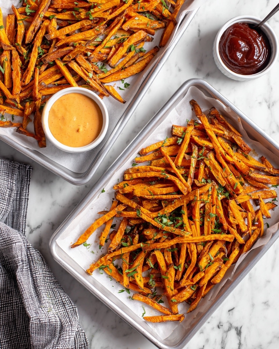Two white baking trays filled with many thin, orange sweet potato fries, each fry showing a slightly crispy and roasted texture with small bits of green herbs sprinkled on top. The fries are arranged in a single layer, placed on white baking paper inside the trays. On the top tray, there is a small white bowl filled with light orange creamy sauce with green herbs on it. On the bottom tray corner, there is another small white bowl with thick dark red sauce. A gray and white checkered cloth is placed next to the trays on a white marbled surface. photo taken with an iphone --ar 4:5 --v 7