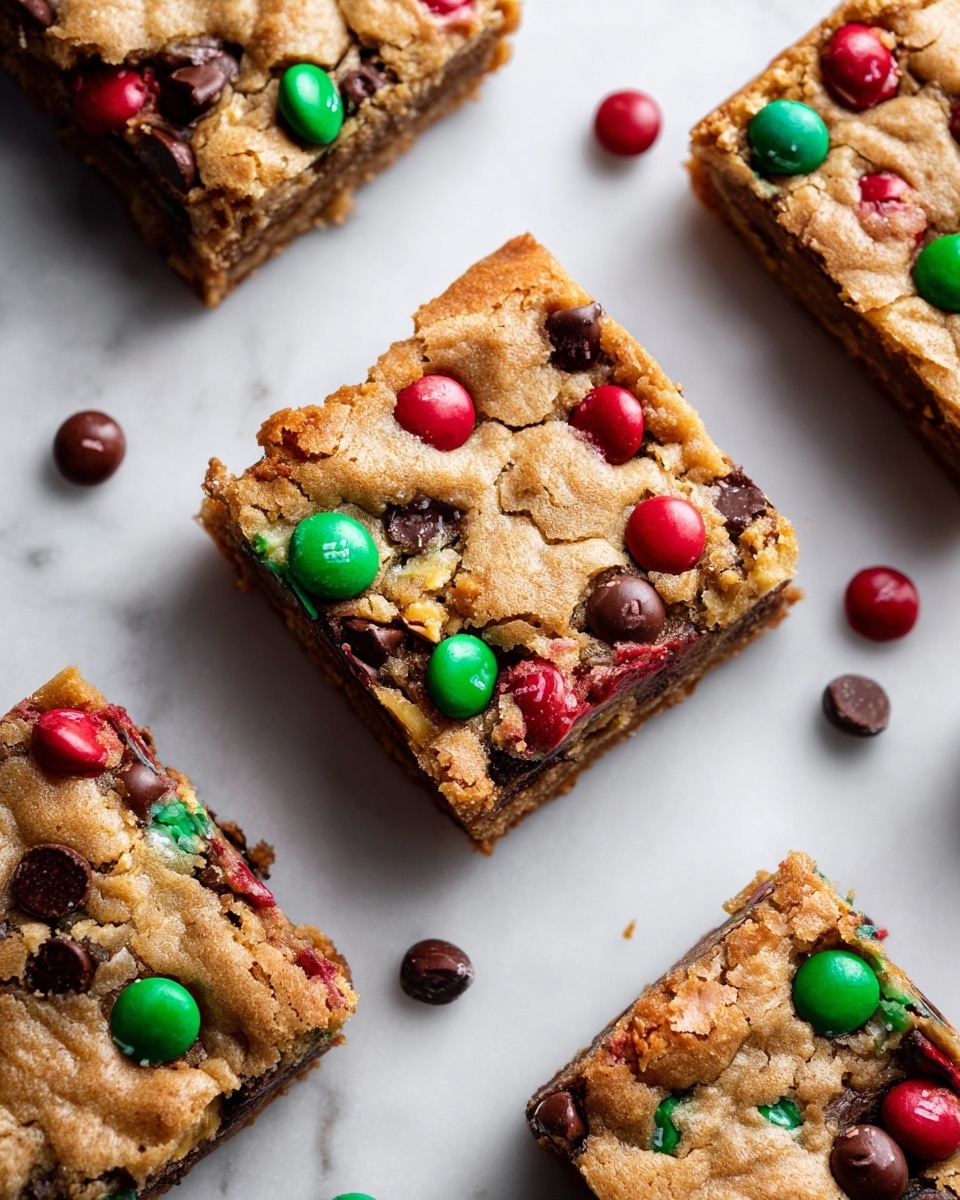 A close-up of two stacked square blondies on a white marbled surface, each blondie has a light golden-brown crumb texture with visible chunks of melted dark chocolate and colorful red and green candy-coated pieces mixed throughout, topped with a shiny red candy piece on the upper blondie; the blondies show a soft and moist texture with slightly crisp edges, the background is simple and clean. Photo taken with an iphone --ar 4:5 --v 7