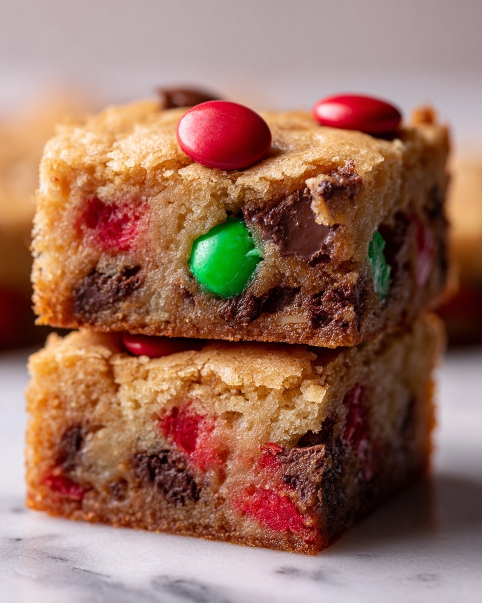 The image shows several square pieces of a light golden brown bar dessert with a slightly cracked top layer. Each piece has colorful red and green candy pieces embedded on top, along with dark brown chocolate chips. The texture of the bars looks soft and slightly chewy with a shiny, thin crust on top. The bars are placed on a white marbled surface, with space between each piece. photo taken with an iphone --ar 4:5 --v 7