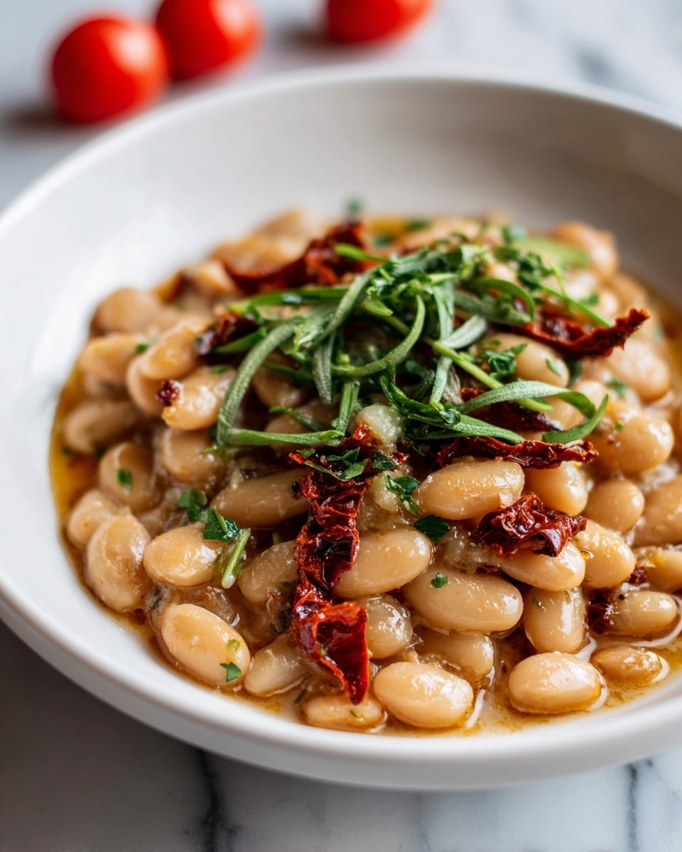 A close-up of a stainless steel pan filled with a single layer of light beige beans coated in a creamy sauce with small red specks. Mixed into the beans are darker chunks that look like mushrooms or dried vegetables. On top, there are scattered strips of fresh green herbs for color contrast. The pan sits on a white marbled surface. photo taken with an iphone --ar 4:5 --v 7