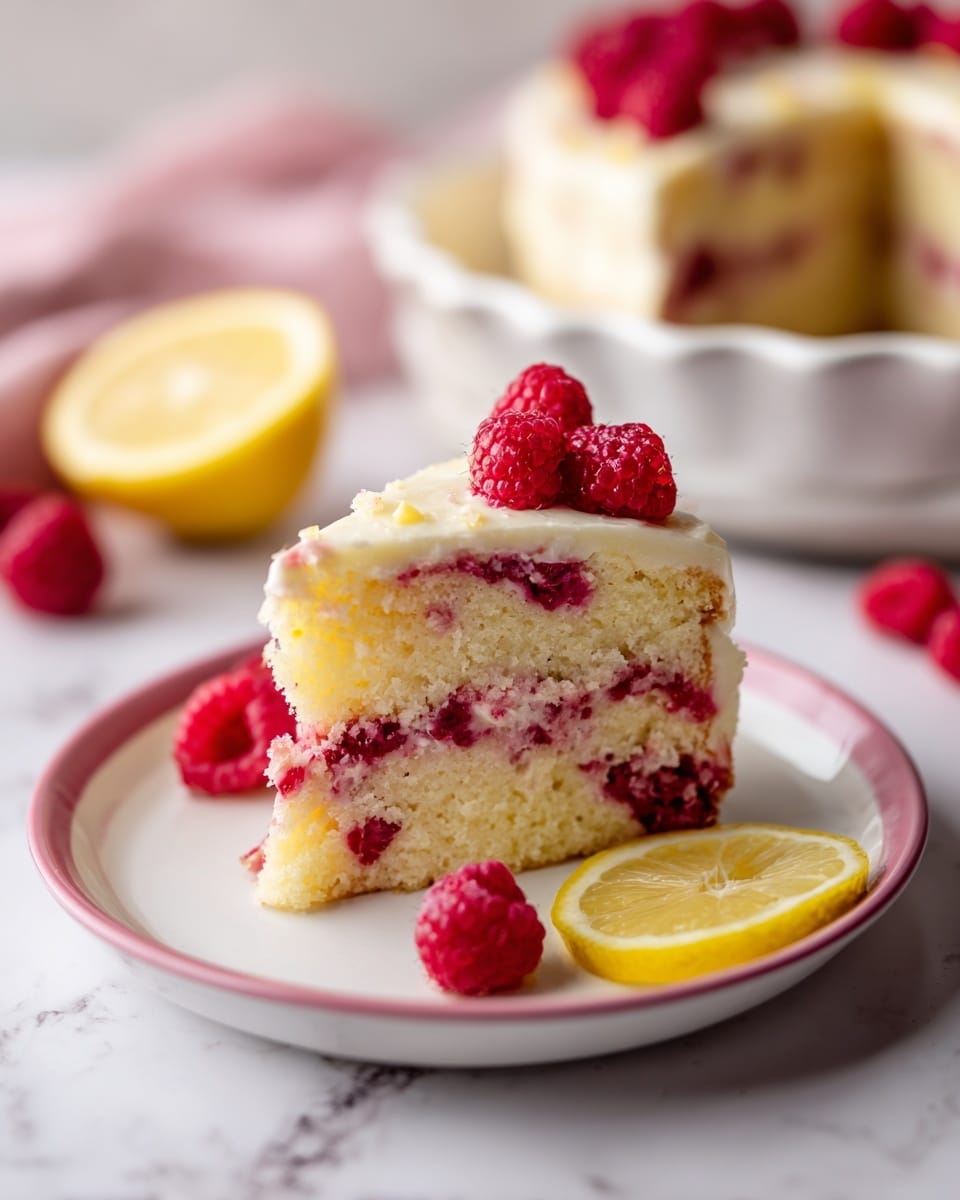 A slice of cake with two main layers sits on a white plate with a thin pink rim on a white marbled surface. The bottom layer is light yellow with a soft texture, while the top layer is thicker and pale with embedded red raspberries that add bursts of color. A whole raspberry and a thin lemon slice rest beside the cake slice. In the background, there is a white pie dish blurred slightly, holding more of the cake, and some blurred red raspberries and a lemon slice. photo taken with an iphone --ar 4:5 --v 7
