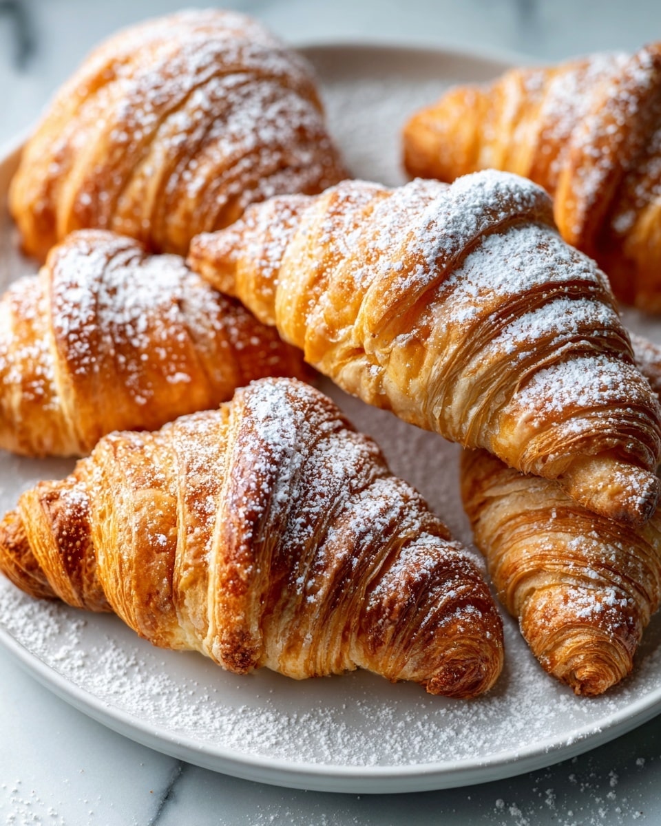 The image shows a white plate filled with seven golden-brown croissants, each with multiple flaky layers visible on the outside. The croissants are dusted with white powdered sugar that adds a soft contrast to the warm, crispy texture of the pastry. The plate sits on a white marbled surface with additional croissants scattered in the background on a second white plate. The overall color palette combines warm golden tones of the croissants with the bright white powdered sugar and smooth white plate and surface. photo taken with an iphone --ar 4:5 --v 7