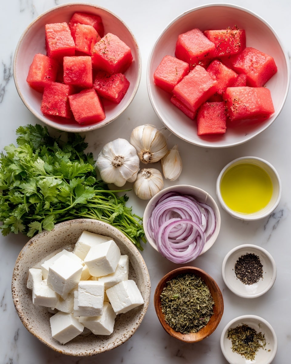 The image shows several white bowls and small dishes arranged on a white marbled surface. There are two larger white bowls filled with bright red watermelon cubes, one at the top left and one at the bottom right. A small, rustic white bowl with white cubes of feta cheese is at the center bottom. To the left, there is a bunch of fresh green cilantro and three peeled garlic bulbs. Near the center, another white bowl contains a mix of green and black olives. On the top right, a small wooden bowl holds thinly sliced red onions. Surrounding these bowls are four small white dishes, two with light green and yellow liquid oils, one with dried herbs, and one with black seeds or spices. The overall layout displays colorful, fresh ingredients in clear, simple containers on a clean background photo taken with an iphone --ar 4:5 --v 7