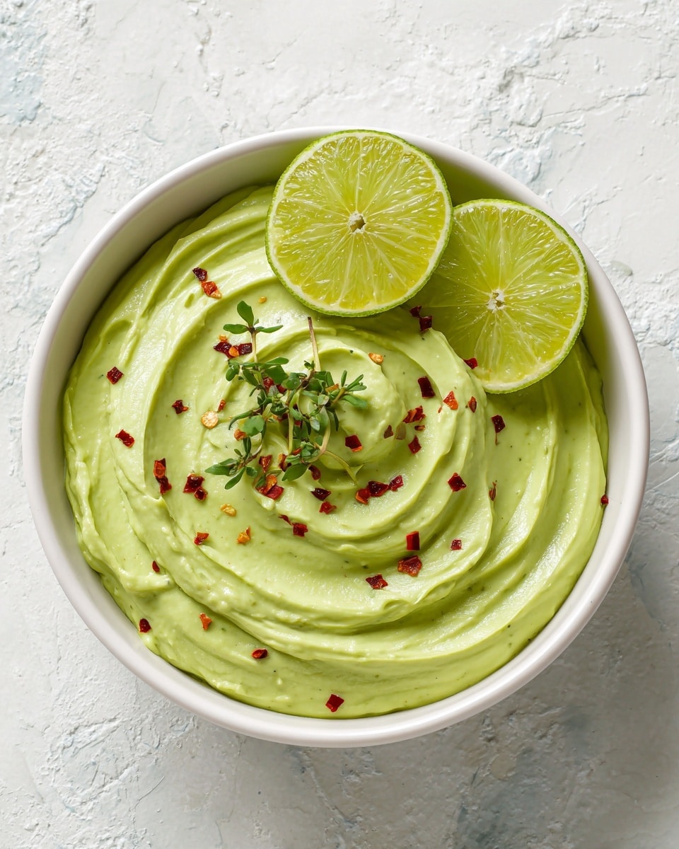 A white bowl filled with creamy light green avocado dip that has a smooth, slightly textured swirl pattern on top. The dip is sprinkled with small red chili flakes and topped with fresh green herb sprigs in the center. Two lime halves, one sliced and the other whole but cut open, rest leaning against the inside edge of the bowl. The bowl sits on a white marbled surface, with soft lighting that highlights the freshness of the ingredients. Photo taken with an iphone --ar 4:5 --v 7