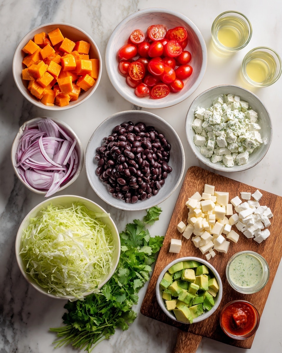 The image shows several small bowls and a white plate arranged on a white marbled surface, each holding different colorful ingredients. On the top left, a bowl holds orange cubes with a cooked texture, next to it a bowl of halved, bright red cherry tomatoes. Below them, a bowl filled with shiny black beans is placed near a bowl of fresh, pale green chopped lettuce. To the bottom left, there are thin slices of red onion and a bunch of green cilantro. A white bowl near the bottom center contains white cheese crumbles and bright green diced avocado. On the right side, placed on a wooden board, there are small bowls with white cubed cheese, a creamy white sauce with herbs, a greenish dressing, and a red sauce. Two small glasses filled with light yellow liquids are also on the marble. The photo taken with an iphone --ar 4:5 --v 7