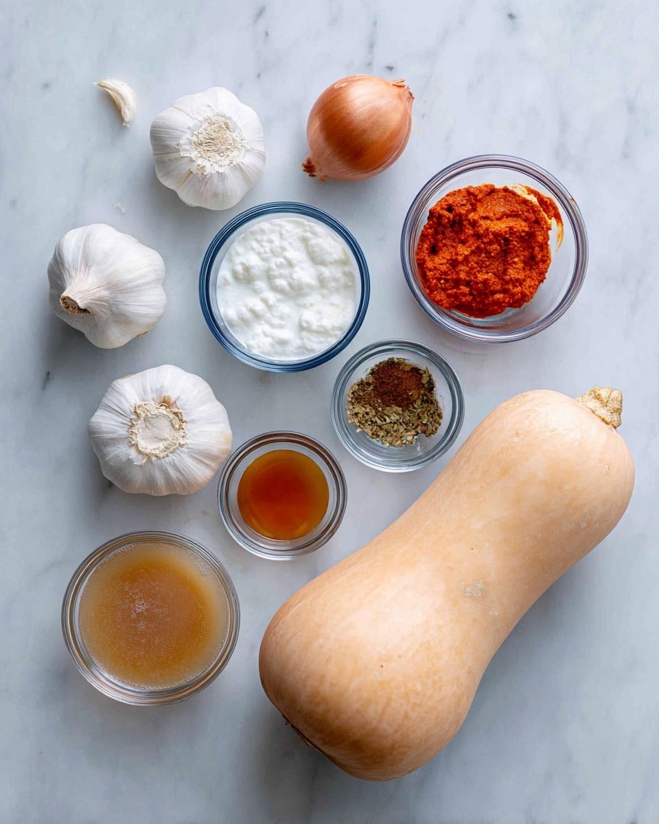 The image shows a white marbled surface with several ingredients neatly arranged. At the top left, there are two cloves of garlic and a small brown onion. Near the center, a small glass bowl contains white coconut milk. To the right of it, another small glass bowl holds bright red curry paste, and below it, a tiny glass bowl with amber-colored fish sauce. On the bottom left, there is a glass bowl filled with light brown vegetable stock or broth. On the right side of the image, a whole pumpkin or butternut squash lies horizontally, with a pale orange skin and smooth texture. Each ingredient is labeled with dark blue tags and white text. photo taken with an iphone --ar 4:5 --v 7