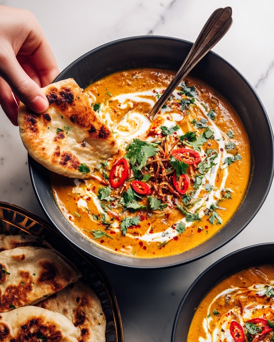 A dark bowl filled with thick orange soup shows layers of white cream swirled on top, red chili slices scattered, and green cilantro leaves placed in the center. Small brown fried onions add texture across the surface. A silver spoon rests inside the bowl. A woman's hand dips a piece of golden-brown flatbread into the soup, breaking it to show a stretchy melted yellow cheese inside. More pieces of flatbread are stacked below the bowl. The bowl sits on a white marbled table. photo taken with an iphone --ar 4:5 --v 7