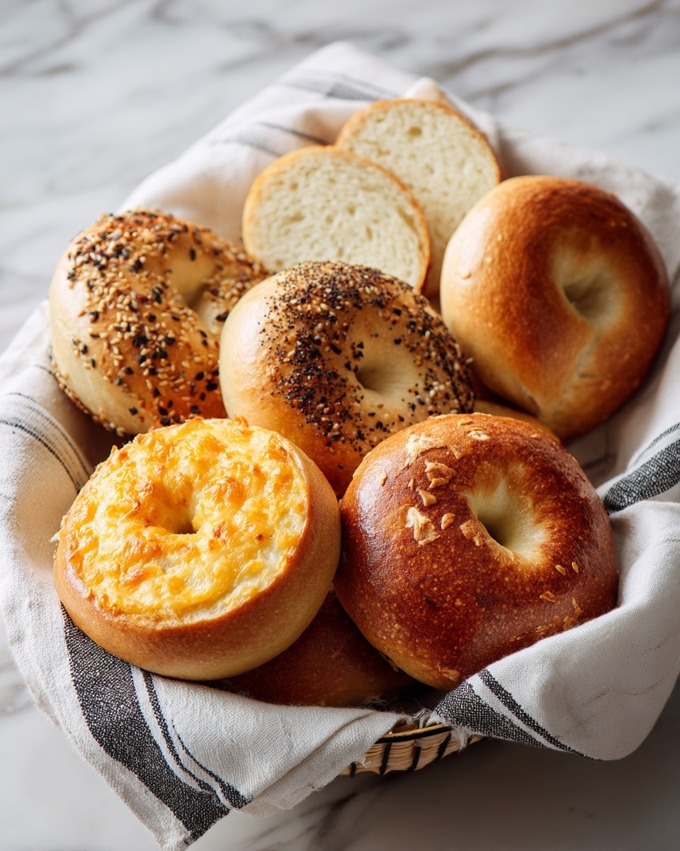 A mix of five bagels rests on a white and black striped cloth over a white marbled surface. The front left bagel is golden brown with melted, bubbly cheese patches on top, showing a rough, textured surface. To its right, a smooth, plain golden bagel with a soft, slightly shiny crust. Behind these, two more bagels are visible: one is plain golden and the other has orange cheese topping that is bubbly and uneven. To the right, a bagel sprinkled with various seeds and seasoning adds detail with a shiny crust. In the background on the marbled surface, a sliced plain bagel shows the soft, pale inside. The scene is well-lit, showing the warm, golden tones of the bagels. Photo taken with an iphone --ar 4:5 --v 7