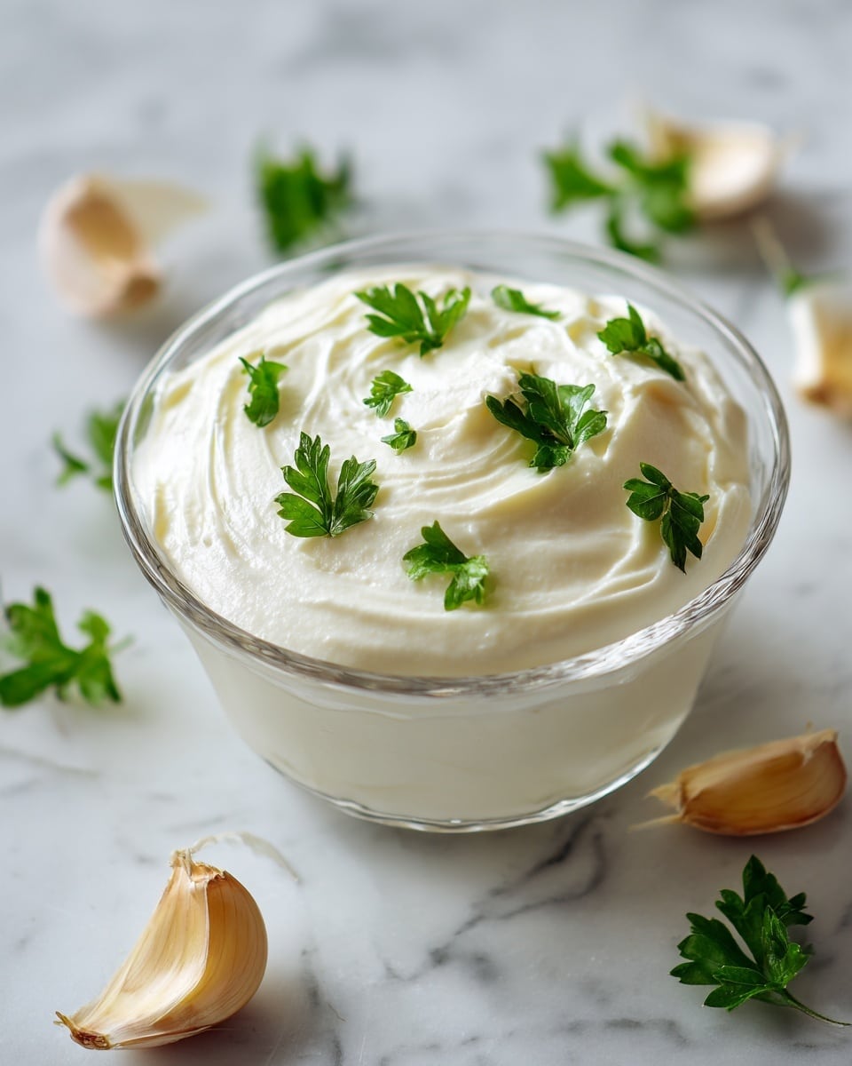 A clear glass bowl is filled to the top with a smooth, thick white creamy sauce that has a slightly glossy texture. The sauce is garnished with a few small green parsley leaves scattered gently on the surface. The bowl sits on a dark blue speckled countertop with some loose garlic cloves and garlic skin pieces around it. photo taken with an iphone --ar 4:5 --v 7