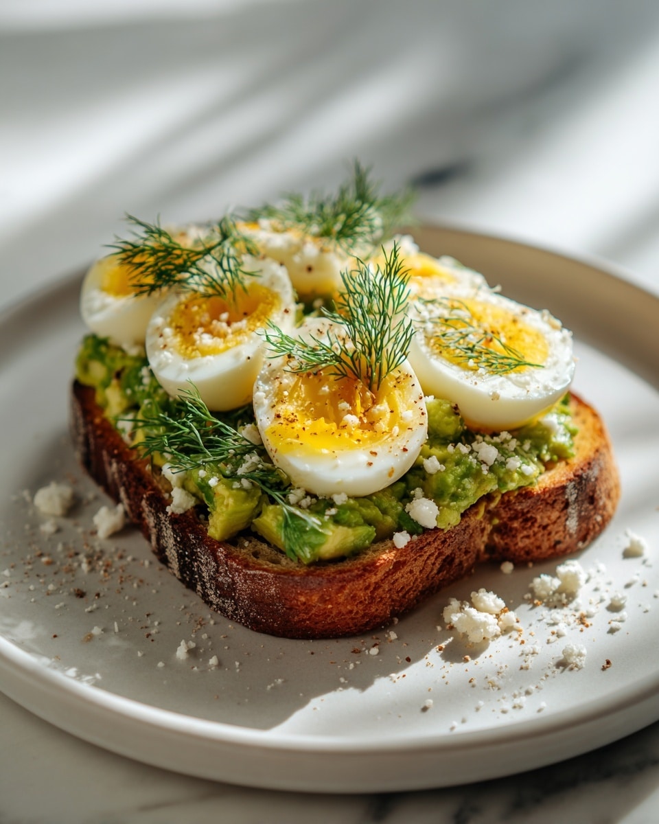 A thick slice of browned toasted bread sits at the bottom, topped with chunky bright green avocado pieces layered evenly. On top of the avocado, there are three halves of hard-boiled eggs showing yellow yolks with some seasoning sprinkled over them. Fresh green dill sprigs are placed on top and around the toast, adding a leafy texture. White crumbs of cheese or a similar topping are scattered over the avocado and around the plate. The dish is presented on a simple white plate with a white marbled surface in the background, lit by natural light creating soft shadows. Photo taken with an iphone --ar 4:5 --v 7