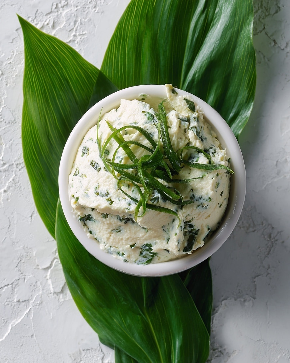A small white bowl filled with creamy white dip mixed with chopped green herbs, giving it a textured, slightly chunky look. On top, there are thin strips of fresh green leaves spread casually. The bowl is placed on a dark gray blue stone surface with a large green leaf partially visible next to it. The lighting highlights the creamy texture and fresh greens, making the dish look fresh and inviting. photo taken with an iphone --ar 4:5 --v 7