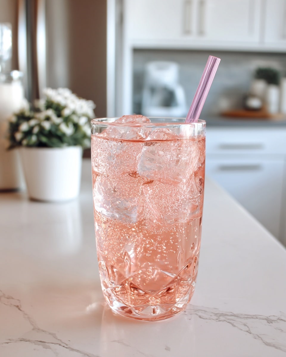 A clear glass filled with light pink bubbly liquid and several ice cubes, showing soft reflections and bubbles inside, with a pale pink reusable straw placed on the right side, sitting on a white marbled countertop in a bright kitchen setting with white cabinets and a plant in the background photo taken with an iphone --ar 4:5 --v 7