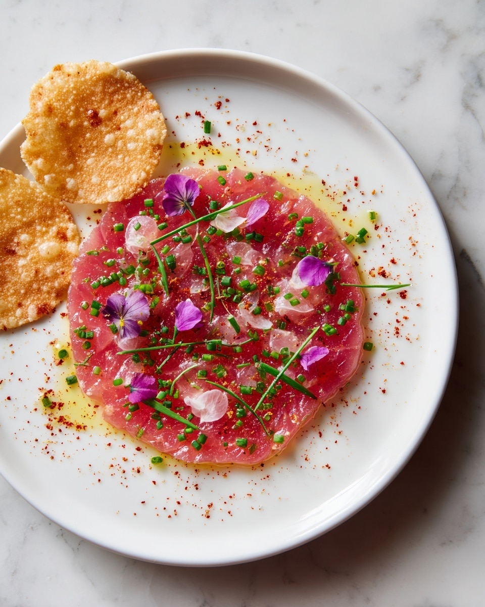 A white plate holds a single thin layer of light pink raw meat, evenly spread out to cover the plate. The meat is decorated with small green chopped herbs scattered over it and thin white onion slices arranged in a loose circular pattern. Tiny purple and yellow edible flowers are placed lightly around the dish. There are also tiny specks of red seasoning sprinkled evenly across the meat. On the side of the plate, there are two pieces of golden toasted bread with a crisp texture. The plate sits on a white marbled surface. photo taken with an iphone --ar 4:5 --v 7