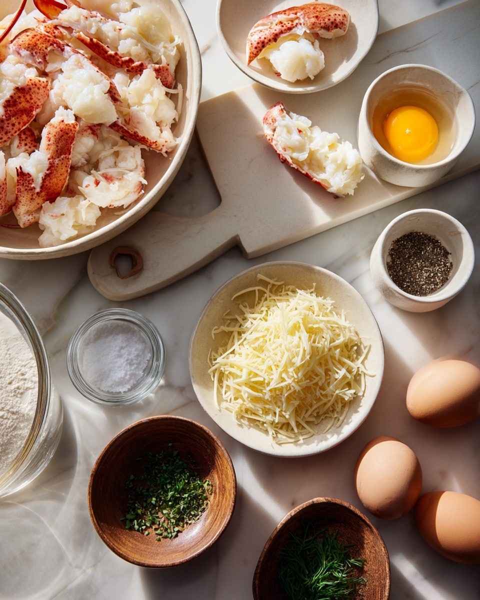 The image shows several bowls and small dishes arranged on a white marbled surface, each with different cooking ingredients. There is a large bowl filled with pieces of white and red lobster meat on the left side. Above it, on a white wooden board, are two small amounts of lobster meat with a white creamy substance on top. To the right, there are two small white bowls, one holding a raw egg with a bright yellow yolk and the other containing salt and cracked black pepper. Below these, a medium white bowl is full of shredded pale yellow cheese. Near the bottom center, there is a small glass container holding white granulated salt, a brown rustic bowl with a fine grated cheese, and a wooden bowl containing finely chopped green herbs. On the right side, there are four whole brown eggs close together, and one white egg near the center. The lighting is soft, creating gentle shadows on the white marbled surface. Photo taken with an iphone --ar 4:5 --v 7