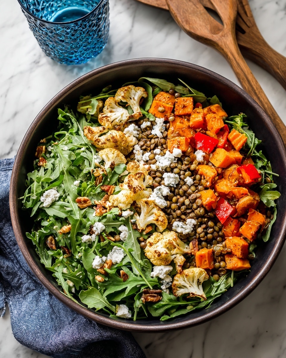 A white bowl filled with a colorful salad showing four main layers: at the base, a handful of fresh green arugula leaves spread evenly; scattered on top, cooked brown lentils add a small round textured layer; a mix of roasted cubed sweet potatoes, small roasted cauliflower florets, and pieces of roasted red pepper sits over the lentils, adding orange, cream, and red hues with a soft, slightly charred texture; sprinkled lastly over everything are small crumbles of white cheese, adding a soft and crumbly texture. The bowl is placed on a white marbled surface with partial views of a blue glass of water and a wooden tray in the background. photo taken with an iphone --ar 4:5 --v 7