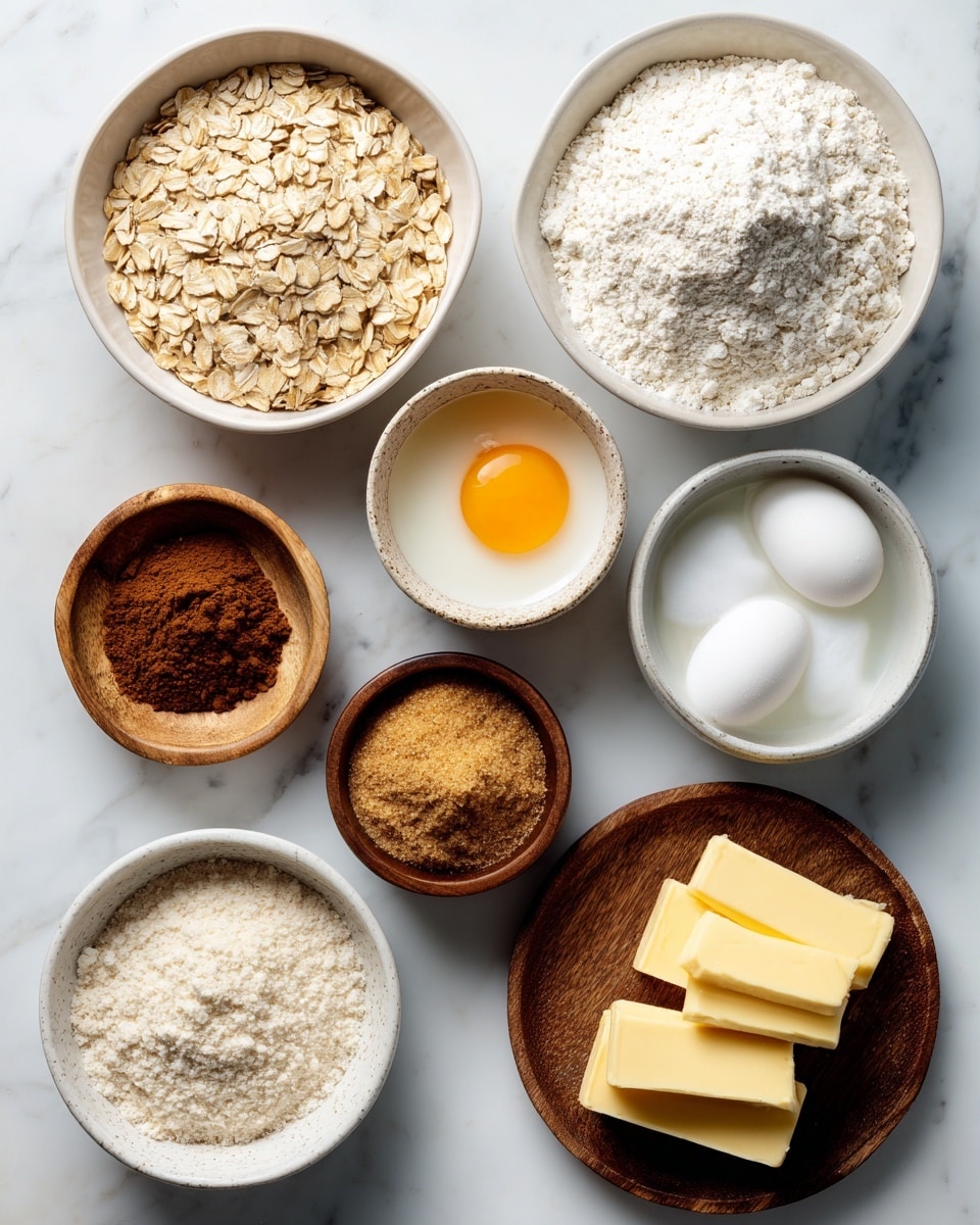 The image shows several small white bowls and brown wooden small bowls arranged neatly on a white marbled surface. The largest white bowl contains light beige rolled oats, and another large white bowl holds white flour. There is a small white bowl with an egg yolk and a white bowl with egg white next to each other. A white bowl contains white granulated sugar. A brown wooden small bowl is filled with a dark cinnamon powder, and another white bowl holds brown sugar. There is also a brown wooden plate with thick yellow butter slices. The items are all spread out evenly in a flat lay style, showing the raw baking ingredients clearly. Photo taken with an iphone --ar 4:5 --v 7