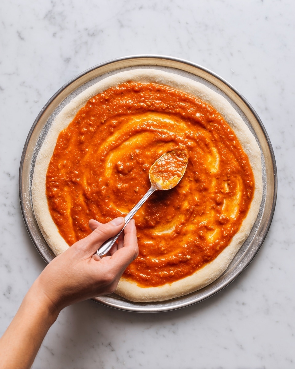 A close-up image of a raw pizza dough with a thick layer of orange tomato sauce evenly spread over it, leaving a plain dough edge around the circle. A woman's hand holds a spoon, spreading the sauce in smooth, broad strokes. The dough is set on a flat metal tray on a white marbled surface. The sauce looks slightly chunky with visible bits, and the dough has a soft, powdery texture. photo taken with an iphone --ar 4:5 --v 7